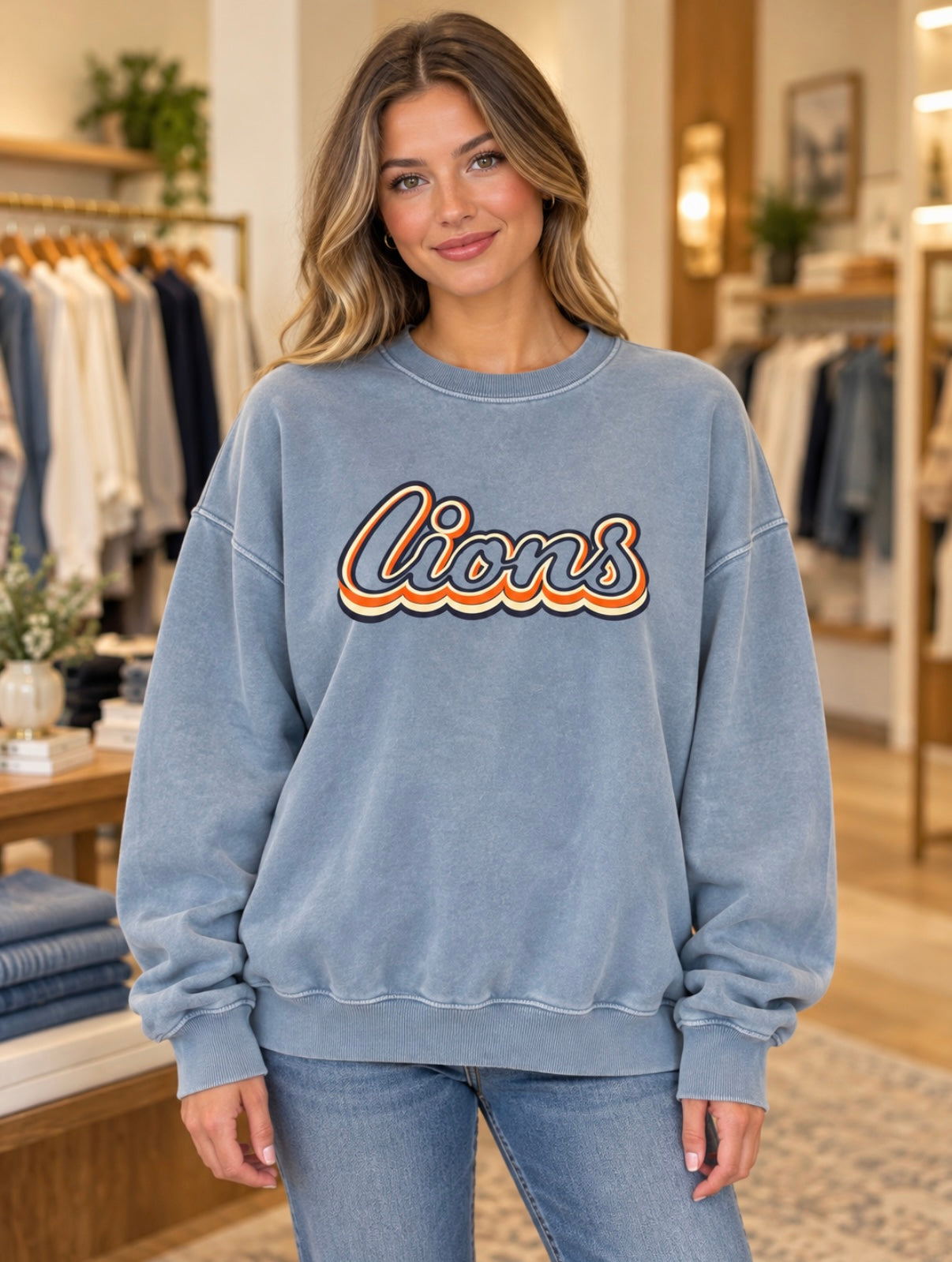 Vintage Blue Retro Lions Oversized Sweatshirt